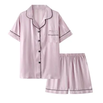 Женская шелковая атласная пижама с коротким рукавом, пижамные комплекты из двух частей, полосатая пижама, женская пижама для отдыха на пуговицах