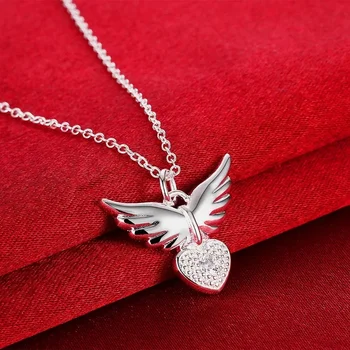 Ожерелье серебристого цвета для женщин, Оптовая продажа, модные изысканные женские украшения, подвеска в виде крыльев Ангела, простые посеребренные украшения