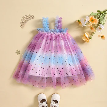 Платье из тюля с сеткой на бретелях для маленькой девочки; платье принцессы градиентного цвета со звездами и пайетками; платье-пачка с оборками.