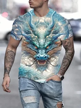 Мужская футболка с коротким рукавом и 3D принтом дракона, толстовка с короткими рукавами и животными-драконами большого размера