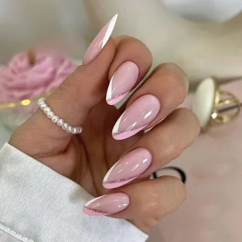 Белые розовые линии французской блестящей пудры, пригодные для носки накладные ногти миндалевидной формы, полностью покрывающие готовые накладные ногти, прижимающиеся к ногтям клеем