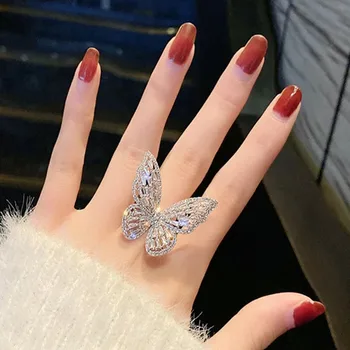 Новое дизайнерское модное ювелирное изделие, открывающее кольцо с бабочкой из высококачественной меди, инкрустированное цирконом, Роскошное блестящее кольцо для коктейльной вечеринки для женщин