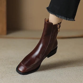 2023 Новые осенние женские ботинки, женская обувь с квадратным носком на низком каблуке, коричневые ботильоны в стиле ретро из натуральной кожи, кожаные ботинки в стиле ретро в стиле ретро