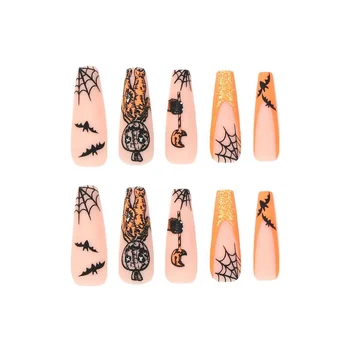 Накладные ногти на тему Хэллоуина с паутиной, полностью покрывающие квадратные искусственные типсы для ежедневного ношения и вечеринок