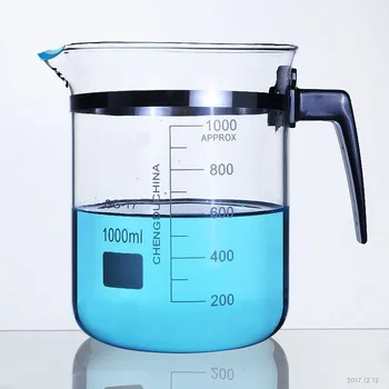 лабораторный Стеклянный Мерный стакан объемом 1000 мл с носиком, Боросиликатный, прозрачный, с пластиковой ручкой, Лабораторные Кухонные принадлежности