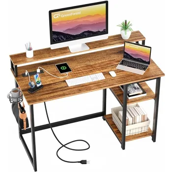 Рабочий стол для домашнего офиса с подставкой для монитора и полками для хранения, 40-дюймовый рабочий стол с подстаканником и крючком, орех