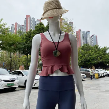 Женская спортивная жилетка с U-образным вырезом, женская одежда для йоги с оборками, Женская одежда для фитнеса с оборками, быстросохнущая одежда для бега для женщин