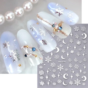 3D Наклейки для ногтей Золотые Серебряные Рождественские Бронзовые Снежинки Голографические Звезды и Луны Клейкие Слайдеры Для ногтей Наклейки из фольги Маникюр