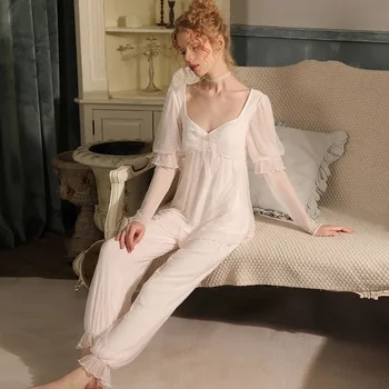 Кружевные винтажные пижамы с V-образным вырезом и оборками, топы, шорты, комплекты из двух предметов, пижамы принцессы, ночное белье, женская осенняя сказочная сетчатая одежда для отдыха