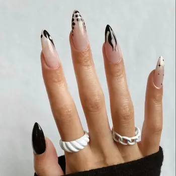 Длинные Миндалевидные накладные ногти, Маникюр, Французские Хрустальные Наконечники для ногтей, Черные Съемные накладные ногти Для женщин