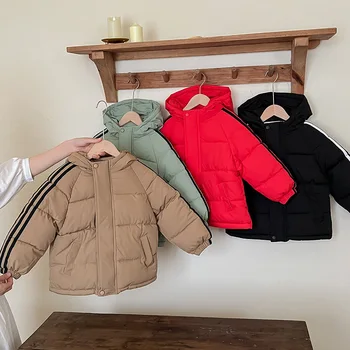 Детская хлопчатобумажная куртка, короткая хлопчатобумажная куртка для мальчиков с капюшоном, утолщенная детская хлопчатобумажная куртка среднего и большого размера, зимняя одежда