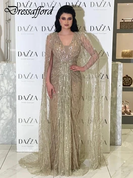 Золотые вечерние платья русалки из Дубая с V-образным вырезом, расшитые хрусталем, с накидкой, платья для официальных вечеринок из Саудовской Аравии