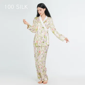 Леди Новый Китайский Стиль Пижамы Комплект Домашней Одежды 100% Шелковые Пижамы С Длинным Рукавом Пижамы С Цветочным Принтом Пижамы 2шт Наряд 19 мм