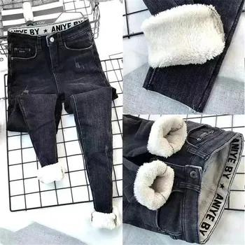 Утепленные флисовые Теплые снежные джинсовые брюки, женские плюшевые эластичные повседневные вельветовые джинсы, зимние джинсовые брюки Mom с мехом и высокой талией.