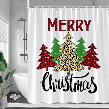Веселые Рождественские занавески для душа, креативные занавески в клетку из Буйвола, Леопардовые Рождественские елки, Занавеска для ванны, Новогодний домашний декор для ванной комнаты с крючками