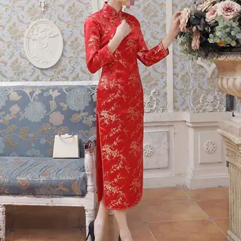 Приятное для кожи Платье-Чонсам Элегантное Женское Платье-Чонсам в Китайском стиле с Длинным Разрезом для Свадеб, Вечеринок и Вечеринок