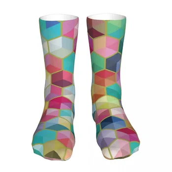 Мужские велосипедные носки с шестигранным красочным фоном, Хлопковые носки с новым радужным геометрическим рисунком, Женские носки