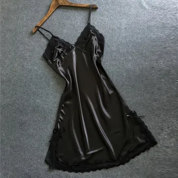 Женская сексуальная шелковая атласная ночная рубашка, пижама на бретельках с V-образным вырезом, ночная сорочка, кружевная домашняя одежда с разрезом, мини-платье, мягкая ночнушка
