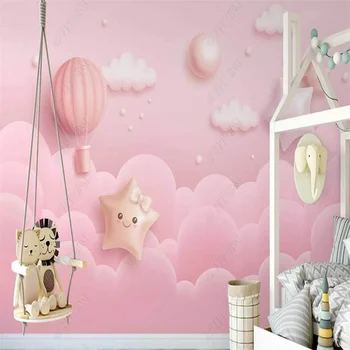 Мультфильм Розовое Звездное Небо Облака 3d Фреска Воздушный шар Принцесса Обои для Комнаты Девочек Детская комната