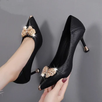 2024 Кожаные женские туфли на высоком каблуке-бабочке-шпильке со стразами, модные Zapatos De Mujer 34