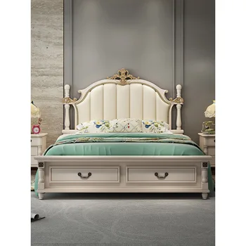 Американская двуспальная европейская кровать в главной спальне Современная простая светлая роскошная принцесса из массива дерева