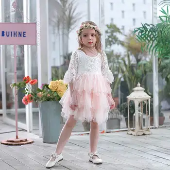 Кружевное платье для девочек, газовое праздничное платье принцессы с рукавом 3/4, многослойное платье, детская одежда E16900