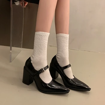 Весенне-осенняя женская обувь Mary Jane на среднем каблуке с острым носком, однотонная модная элегантная женская обувь с низким берцем