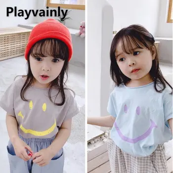 Летняя одежда для маленьких девочек, футболка с улыбающимся лицом, хлопковая футболка с короткими рукавами и круглым вырезом, детская одежда E19516