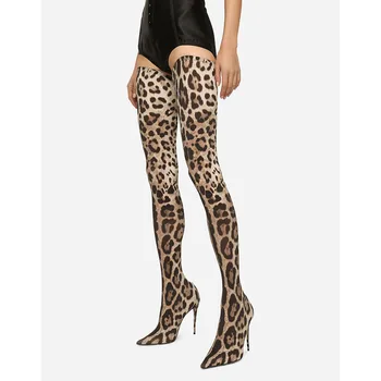 Удлиненные сапоги, эластичные сапоги до колен, сексуальные заостренные туфли на высоком каблуке с леопардовым рисунком, длинные ноги, тонкие и обтягивающие сапоги для женщин