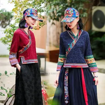 2024 традиционная китайская винтажная блузка женская ретро hanfu топы танский костюм блузка с цветочной вышивкой винтажный восточный танский костюм