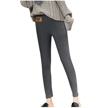 Утепленные плавки больших размеров, осенне-зимние модные повседневные женские однотонные брюки с принтом, женские длинные брюки с высокой талией, сохраняющие тепло.