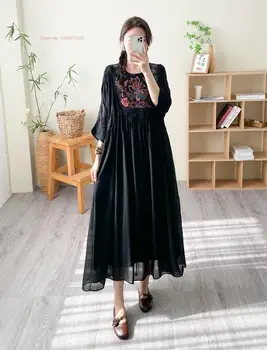 2024 традиционное китайское винтажное платье с национальной цветочной вышивкой, двухслойное платье трапециевидной формы, восточное улучшенное народное длинное платье