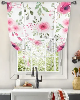 Весенний розовый цветок, Белая оконная занавеска, Подвязка штор для кухни, гостиной, Регулируемые Карманные шторы на штанге.