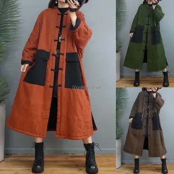 2023 китайский стиль, хлопковое льняное длинное пальто с хлопковой подкладкой, женское зимнее новое свободное толстое пальто с хлопковой подкладкой, свободная куртка s923