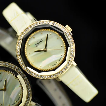 Женские часы Julius Lady с перламутром, японский кварцевый браслет, модные часы, подарок для девочки из натуральной кожи, без коробки