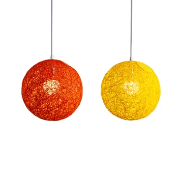 Подвесная люстра из бамбука, ротанга и пеньки, 2 предмета, индивидуальное творчество, сферический абажур из ротанга - оранжево-желтый