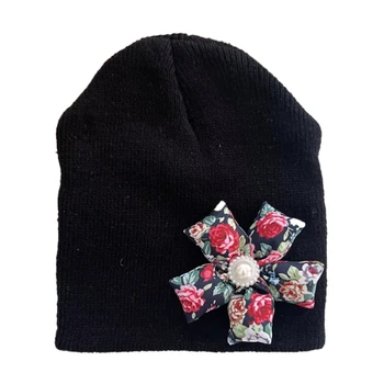 Мягкая и теплая вязаная шапочка, детская шапочка с цветочными украшениями для младенцев
