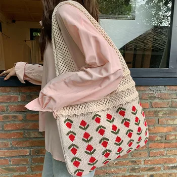 2023 Новые вязаные сумки для женщин в стиле ретро, элегантные сетчатые сумки через плечо с цветочным узором, офисные женские сумки в корейском стиле, повседневная версия
