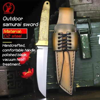 Японский прямой нож для выживания на открытом воздухе D2 Steel, охотничий нож для выживания в кемпинге, латунь + белая тень, деревянная ручка, коллекционный нож