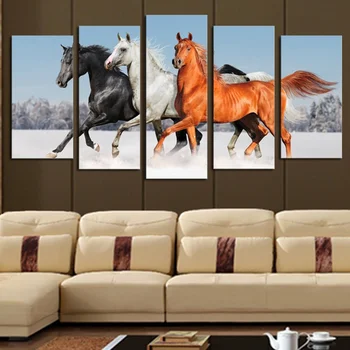 Картины на холсте из 5 частей с HD-принтом, большие лошади, бегущие животные, настенные рисунки для украшения дома, настенный декор, художественные работы
