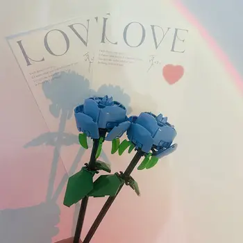 Valentijnsdag Blue Rose Bouquet Bouwstenen Diy Home Decoratie Ingemaakte Boeket Model Bouwstenen Kinderen Opvoeding
