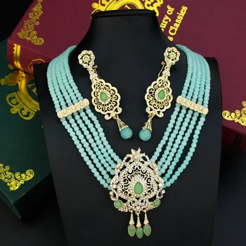 Sunspicems Набор ювелирных изделий из арабского бисера ручной работы для женщин, подвеска из зеленого хрусталя, ожерелье из марокканского искусственного жемчуга, длинные серьги-капельки