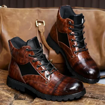 Мужские кожаные ботинки с сетчатым рисунком в стиле ретро; модная обувь для отдыха на квадратном каблуке; мужская удобная дизайнерская модельная обувь; мужские кроссовки большого размера