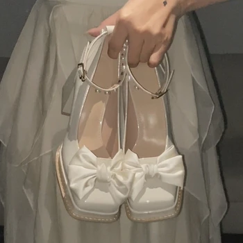 Туфли-лодочки на платформе с Квадратным носком и бантом; Женская обувь Mary Jane На очень высоком Каблуке с Жемчужной пряжкой и ремешком; Свадебные туфли на Толстом каблуке