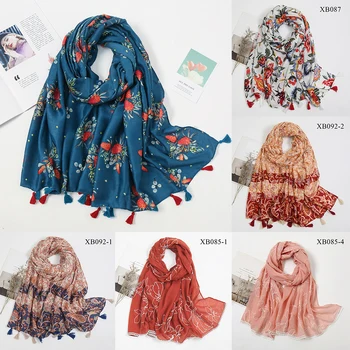 Женский шарф с кисточками, шарфы из пашмины с цветочным рисунком, весенне-осенняя шаль в полоску, обертывания для леди, шарф-хиджаб 180*90 см