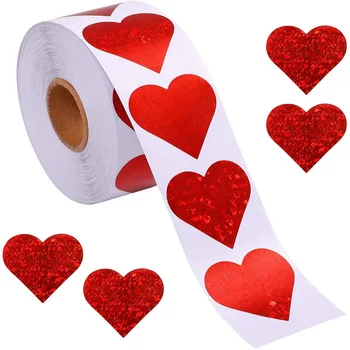 500 шт. / рулон, Бумажные наклейки с блестящими сердечками, Клейкие подарочные наклейки на День Святого Валентина, Клейкое украшение подарка