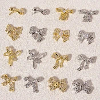 Золотой Серебряный сплав, Циркон, бант, Нежные украшения для дизайна ногтей, Блестящие аксессуары для маникюра из страз, оптовая продажа, прямая поставка