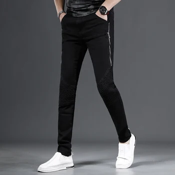 Мужские черные джинсы в корейском стиле, облегающие брюки, уличная одежда, повседневные джинсовые брюки в стиле пэчворк на молнии CP2200