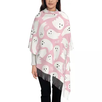 Розовая милая шаль с призраком Хэллоуина для женщин, зимний теплый Большой мягкий шарф, Бу-пашмины, шарфы с кисточками.
