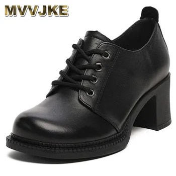 MVVJKESmall/ женская кожаная обувь; новинка весны 2021 года; универсальная черная рабочая обувь на толстом каблуке; толстая подошва в британском стиле на шнуровке; тонкие